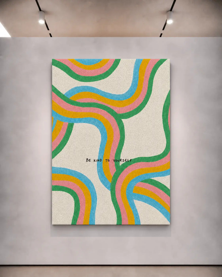 Impresión decorativa para pared con borde claro, líneas onduladas multicolor y el texto «Sé amable contigo mismo»