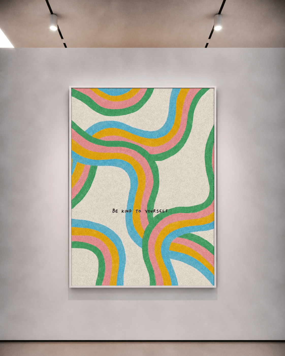 alt
Stampa d’arte da parete con cornice chiara, linee ondulate multicolori e la frase centrata 'Sii gentile con te stesso'