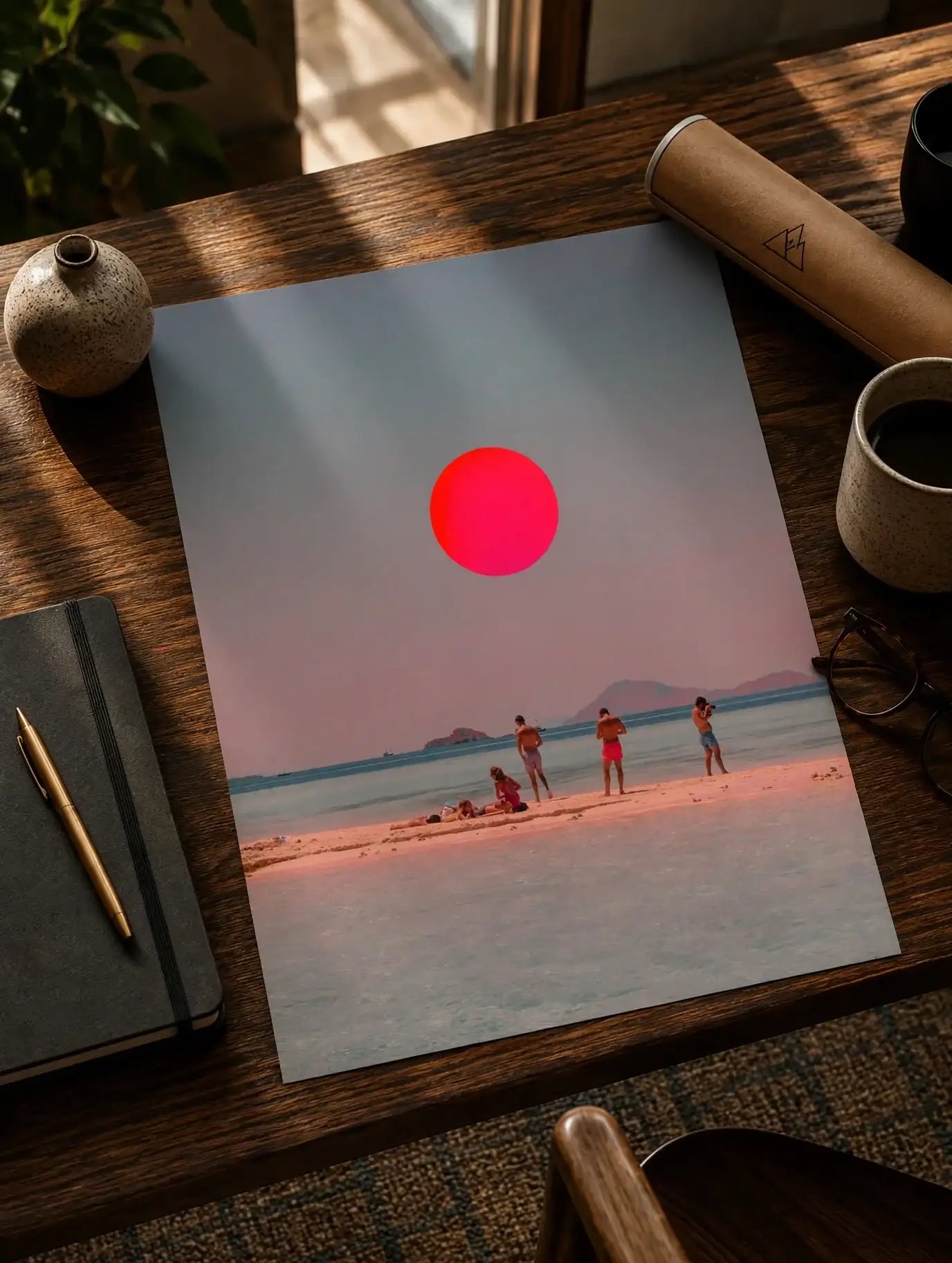 Coastal wall art poster print with red sun circle, shoreline, and three people