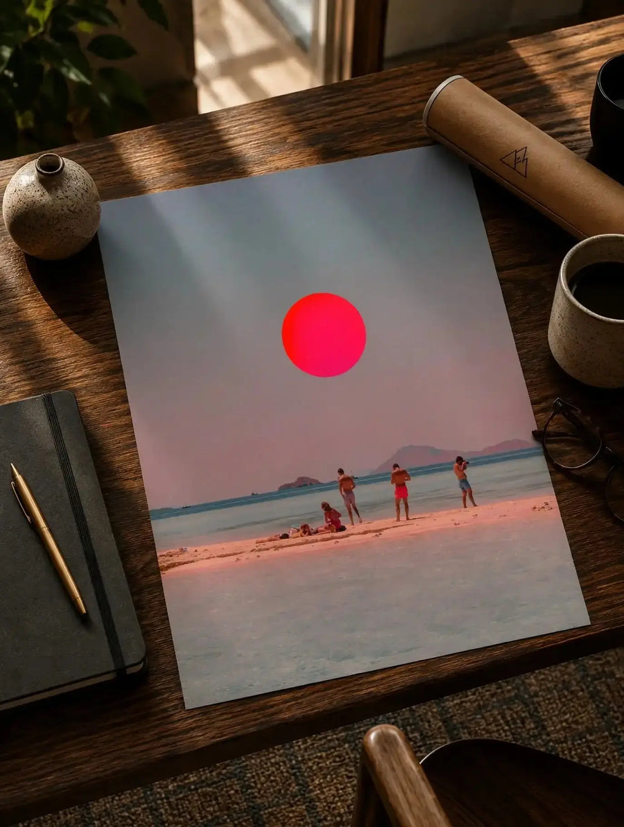 Coastal wall art poster print with red sun circle, shoreline, and three people