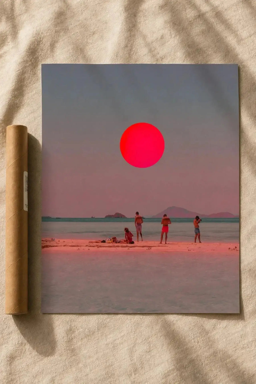 Square coastal wall art print with red sun circle over shoreline and people