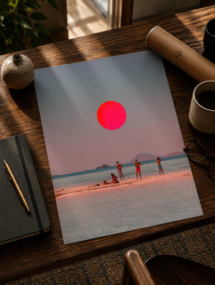 Coastal print with red sun circle over sandy beach, people walking, distant mountains