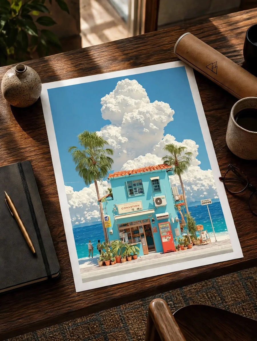 Mediterranean beach house print on white border, showing palm trees and colorful storefront.