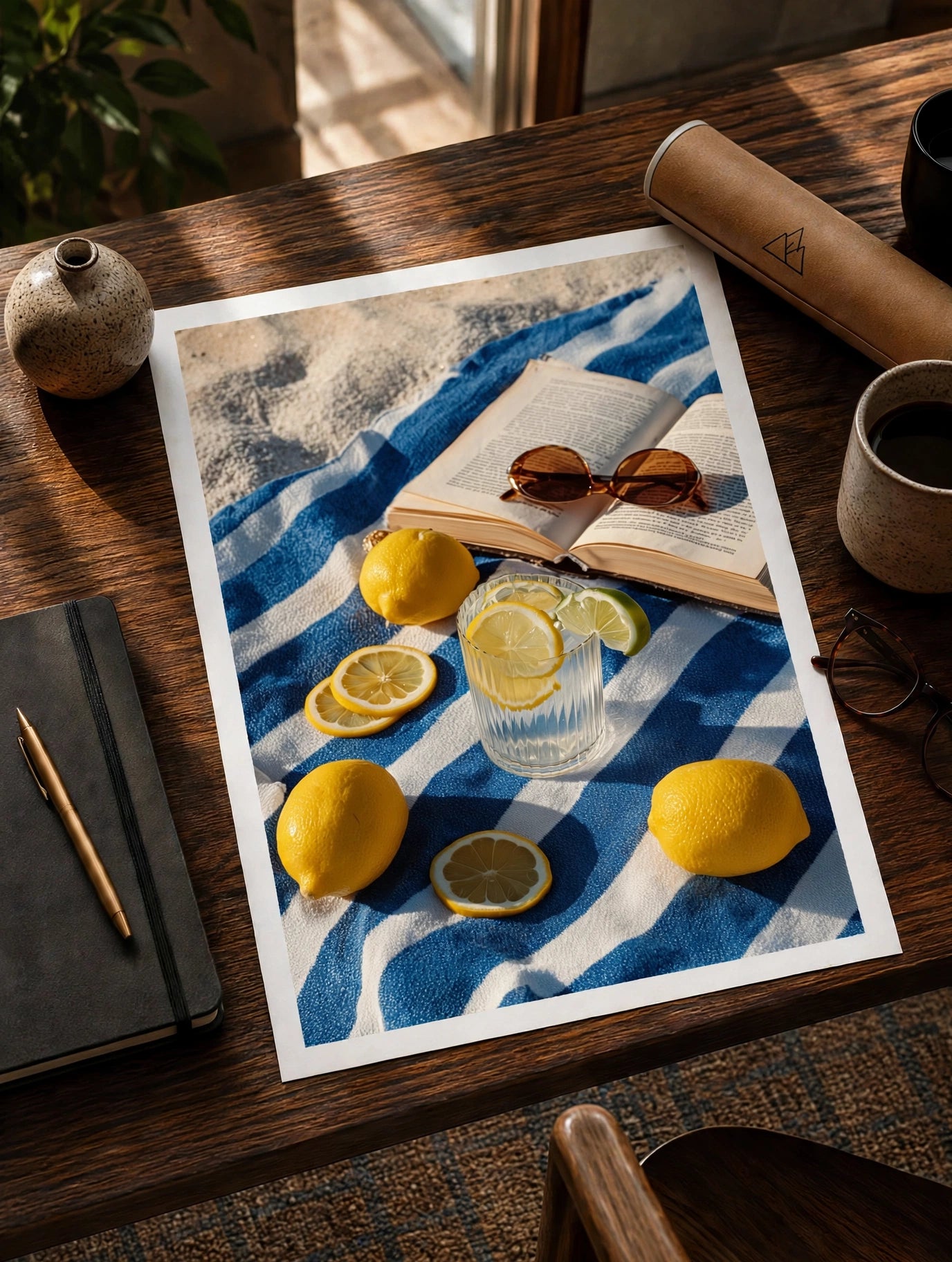 Picnic print on wooden table with blue pattern, lemons, cocktail glass, and sunglasses