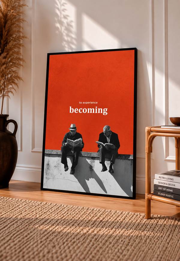 Red framed poster with two newspaper readers collage and long shadows, text “becoming”