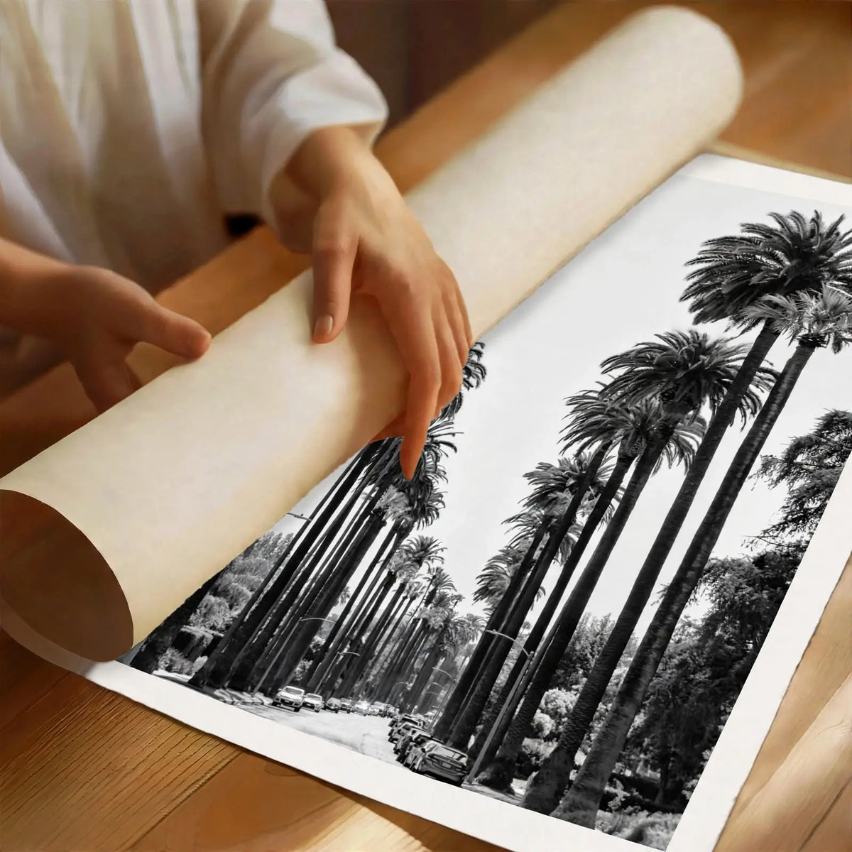 Rolled black-and-white palm tree avenue art print, unrolled on a table.