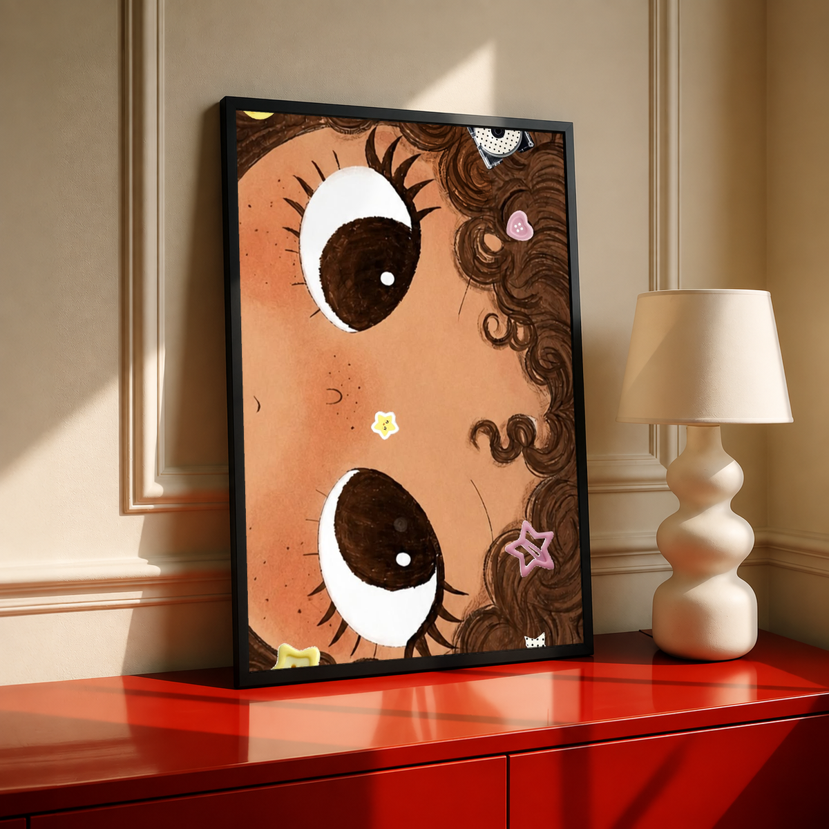 Framed art print of a curly-haired girl face with freckles and pink heart details