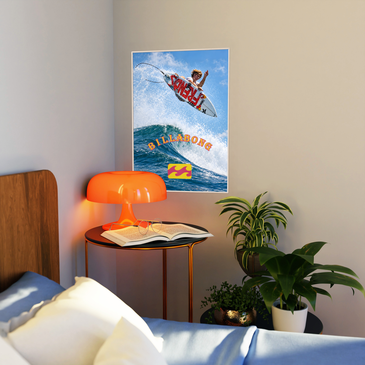 Airborne surfer above a blue wave with orange Billabong lettering; artwork styled in a living room