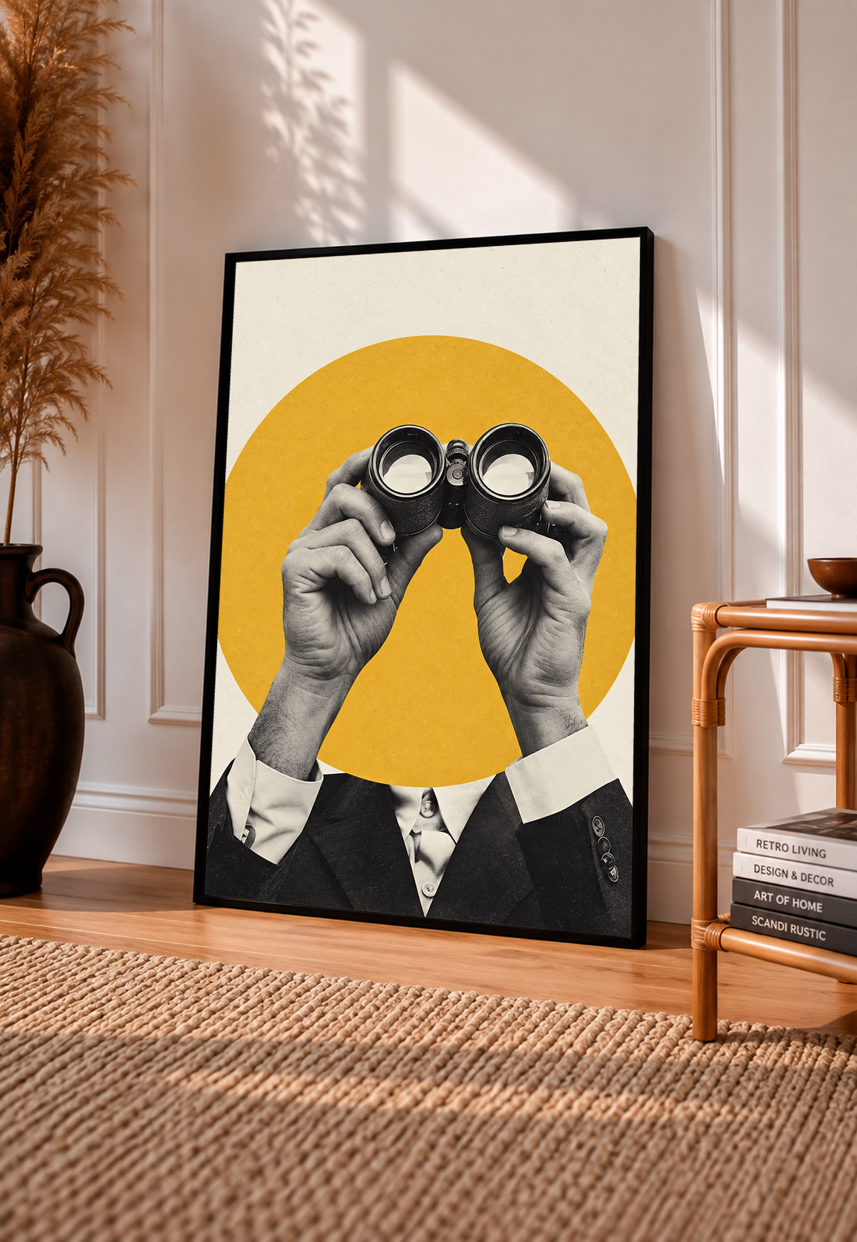 Monochrome hands holding binoculars before a mustard-yellow circle in a black frame leaning on a sunlit floor beside a rattan chair