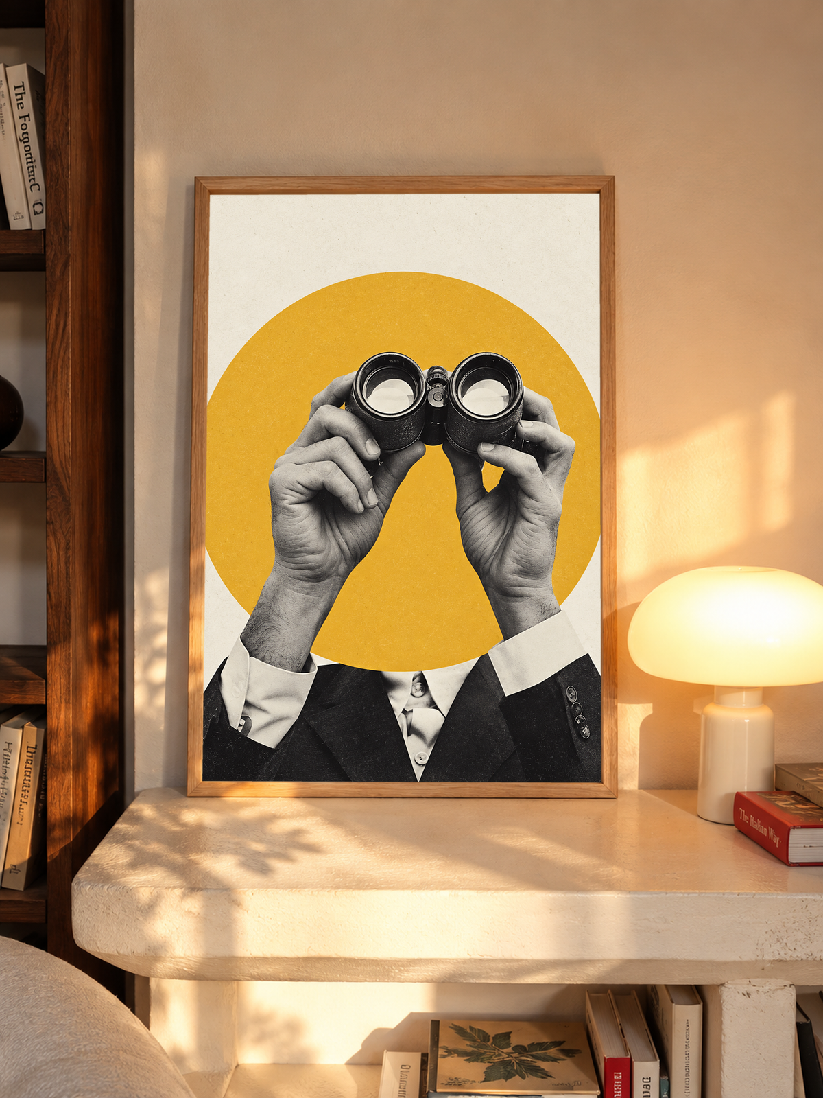 Monochrome hands holding binoculars before a mustard-yellow circle in an oak frame above a pale wooden sideboard beside a glowing lamp