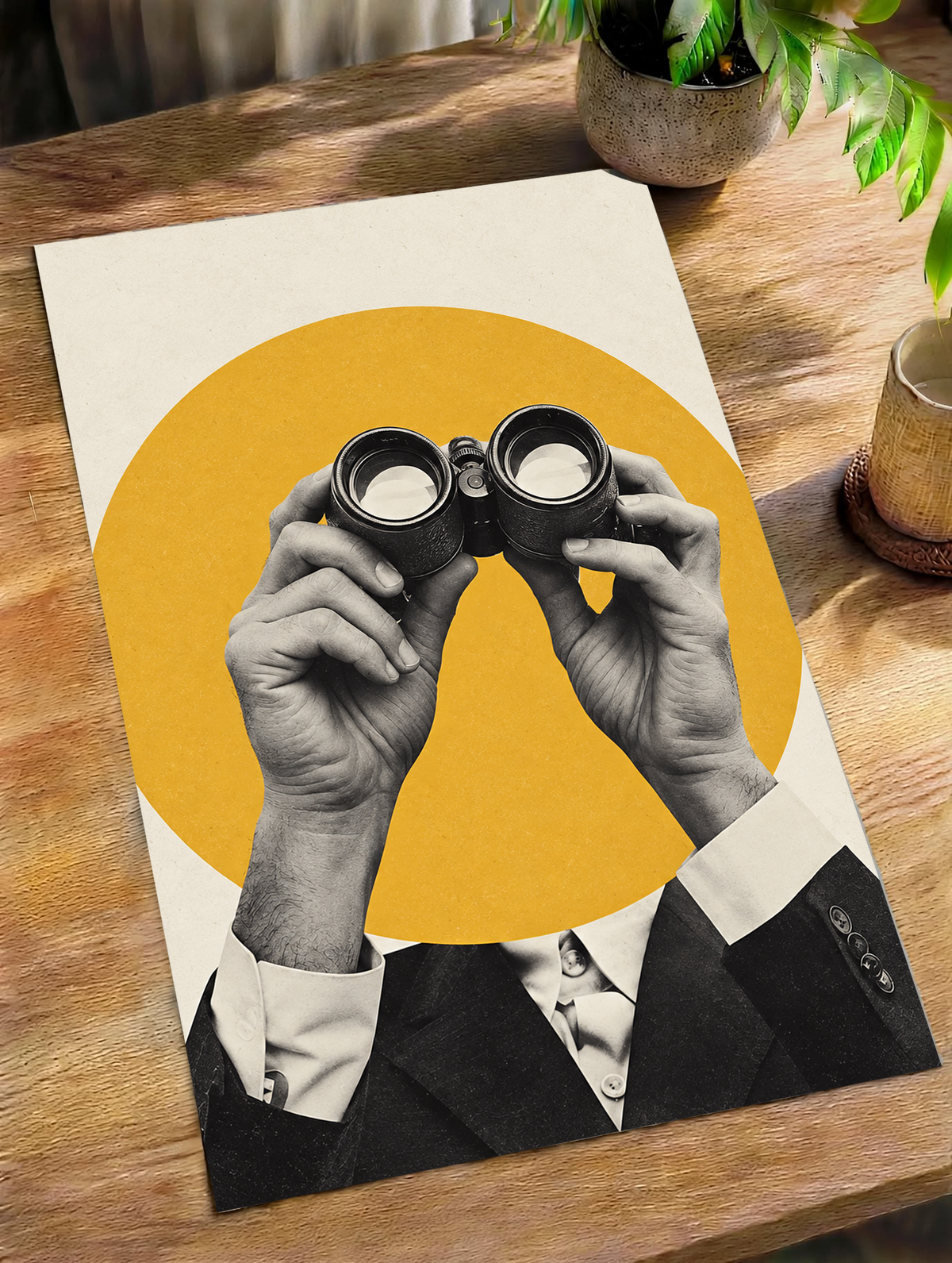Monochrome hands holding binoculars before a mustard-yellow circle as an unframed poster lying on a wooden table beside a plant