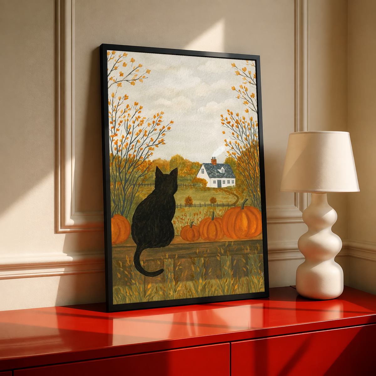 Autumn farmhouse art print of a black cat in a black frame with pumpkins and golden trees.