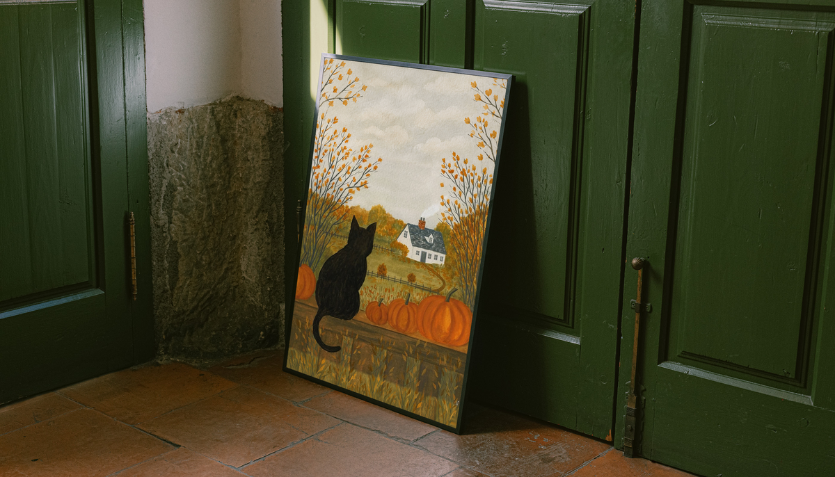 Autumn farmhouse art print with a black cat and pumpkins in a dark frame, leaning upright.