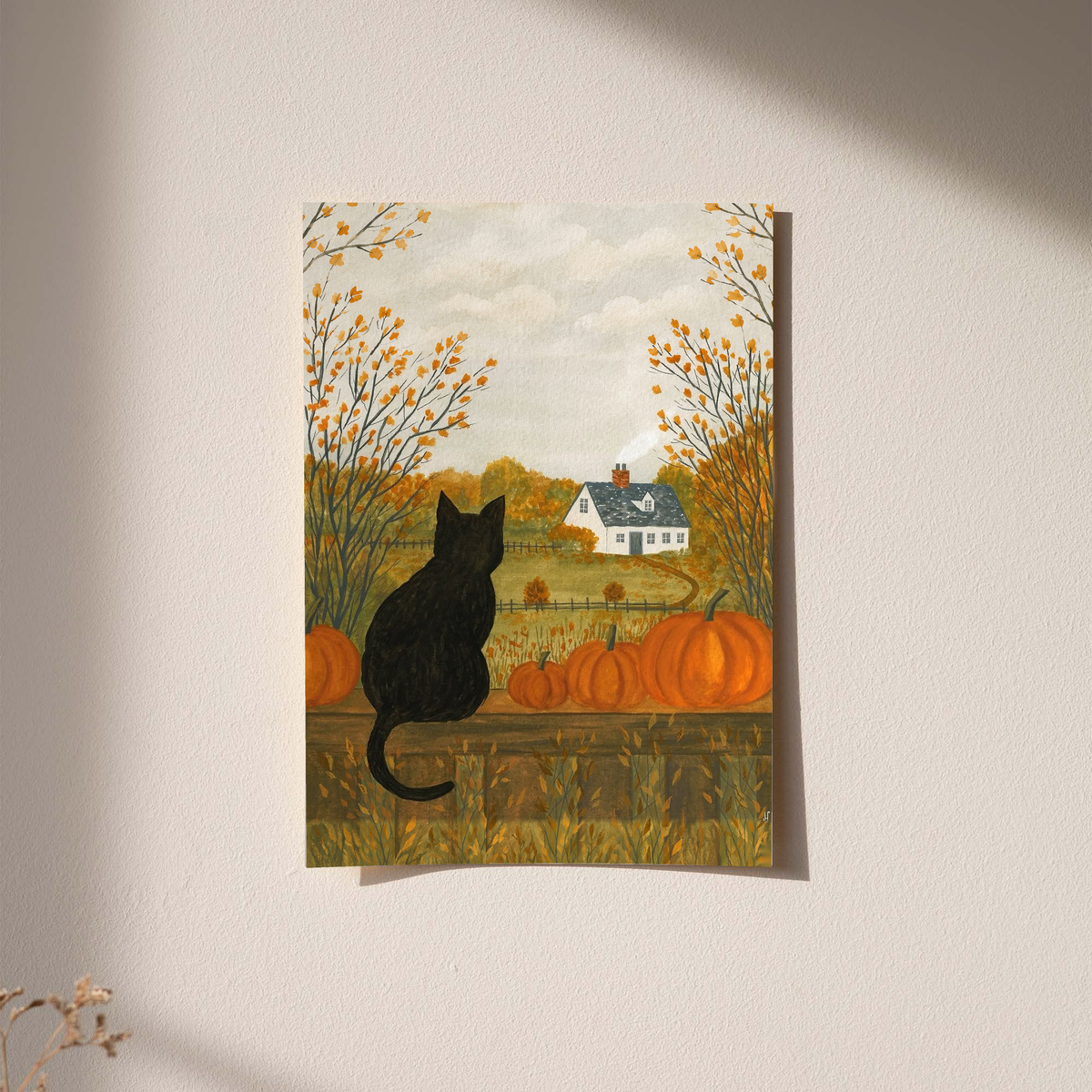 Autumn farmhouse art print featuring a black cat, pumpkins, and golden trees with fall sky.