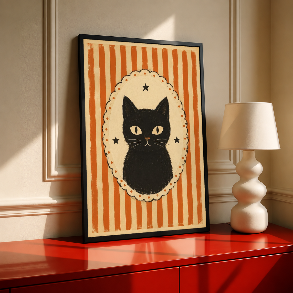 Framed cat cameo poster with orange stripes and black cat face in cream scalloped oval
