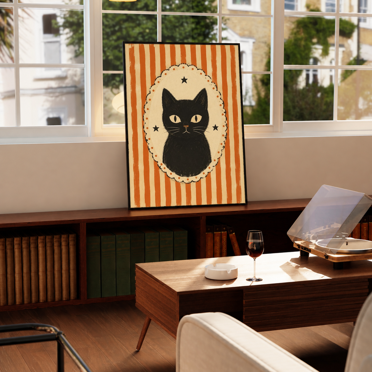 Cat cameo poster with orange stripes and black cat in cream scalloped oval, tilted