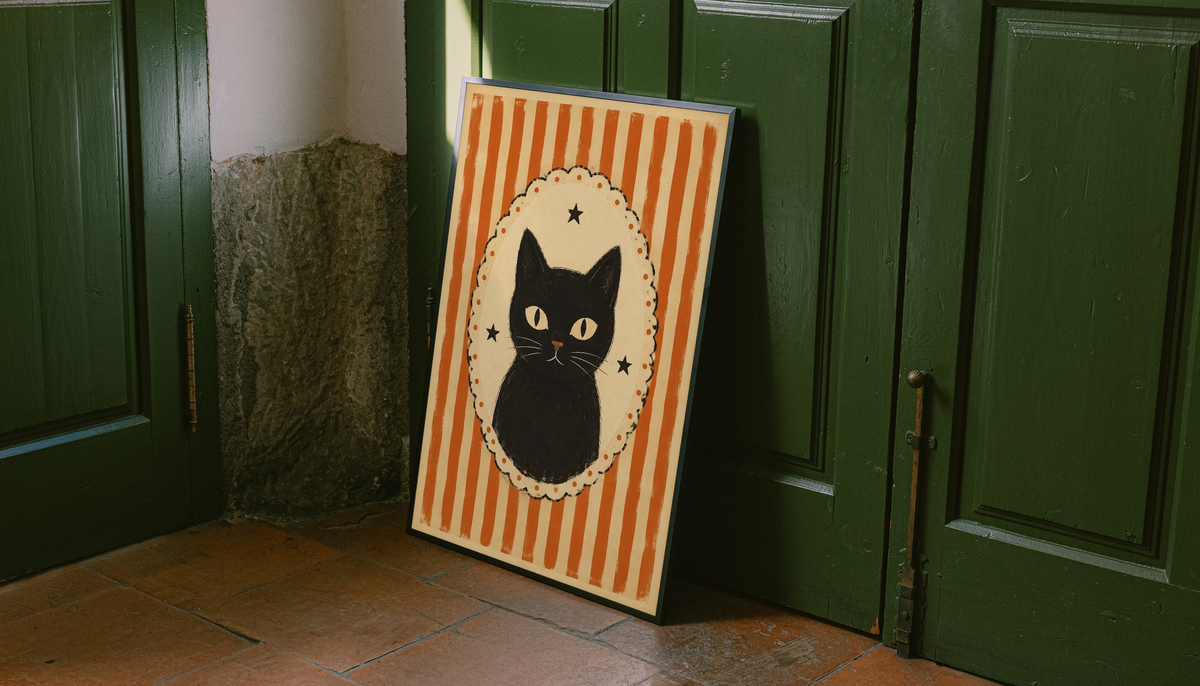 Cat cameo poster with orange stripes and black cat in cream scalloped oval