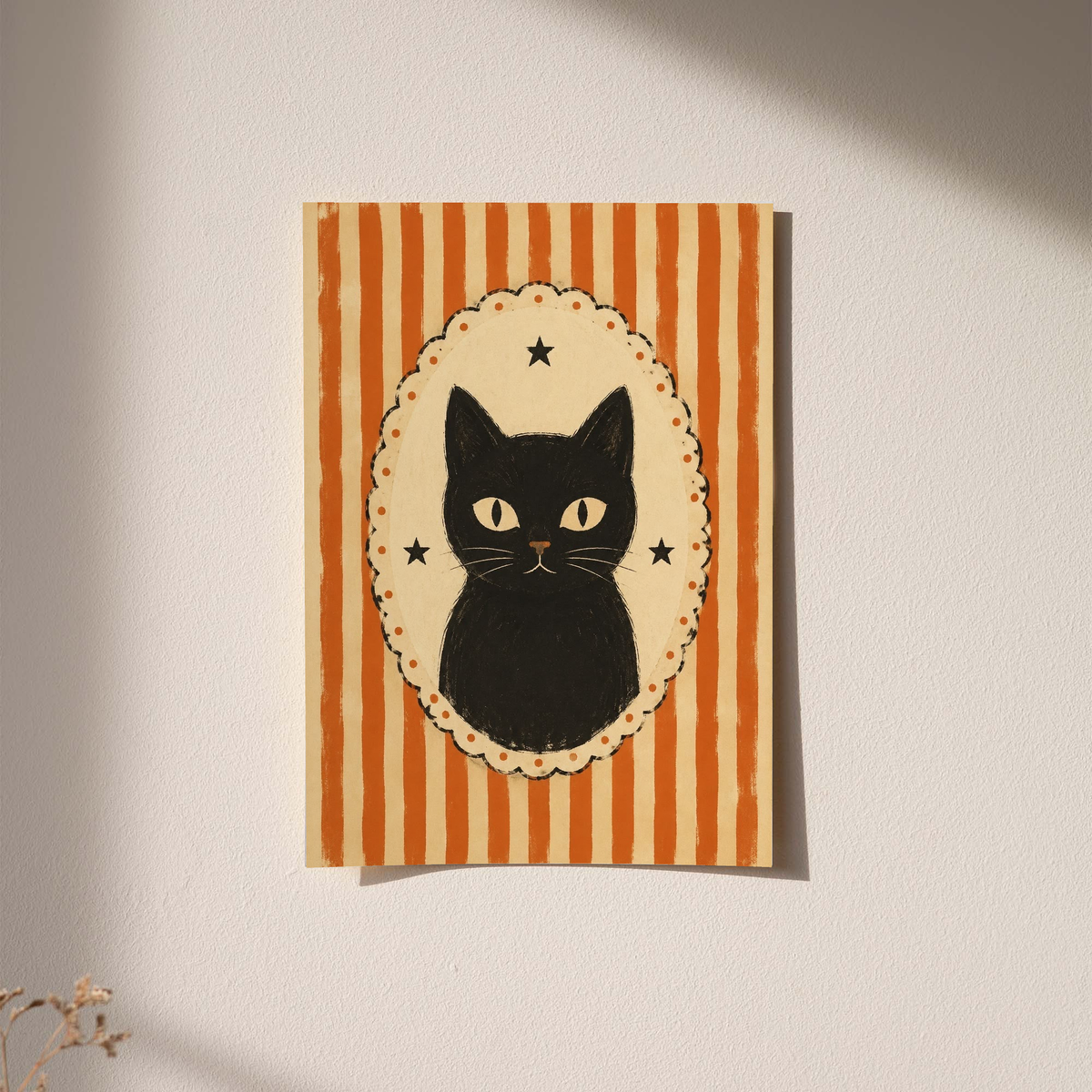Cat cameo poster with orange vertical stripes and black cat in cream scalloped oval