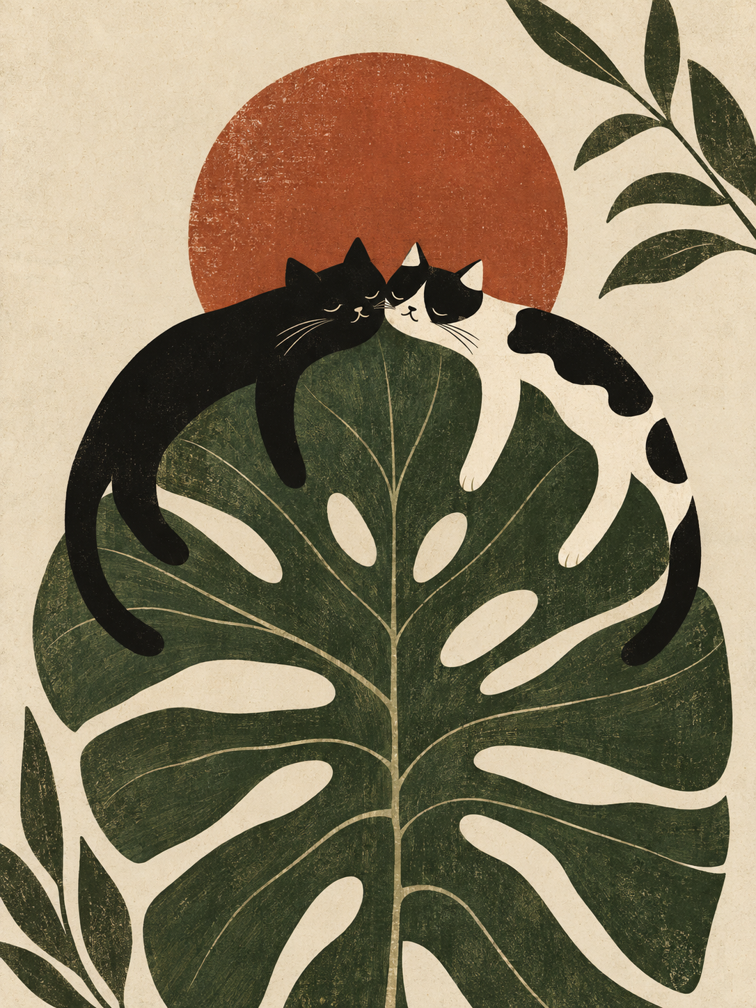 Black cat Monstera wall art poster with terracotta sun and green leaf