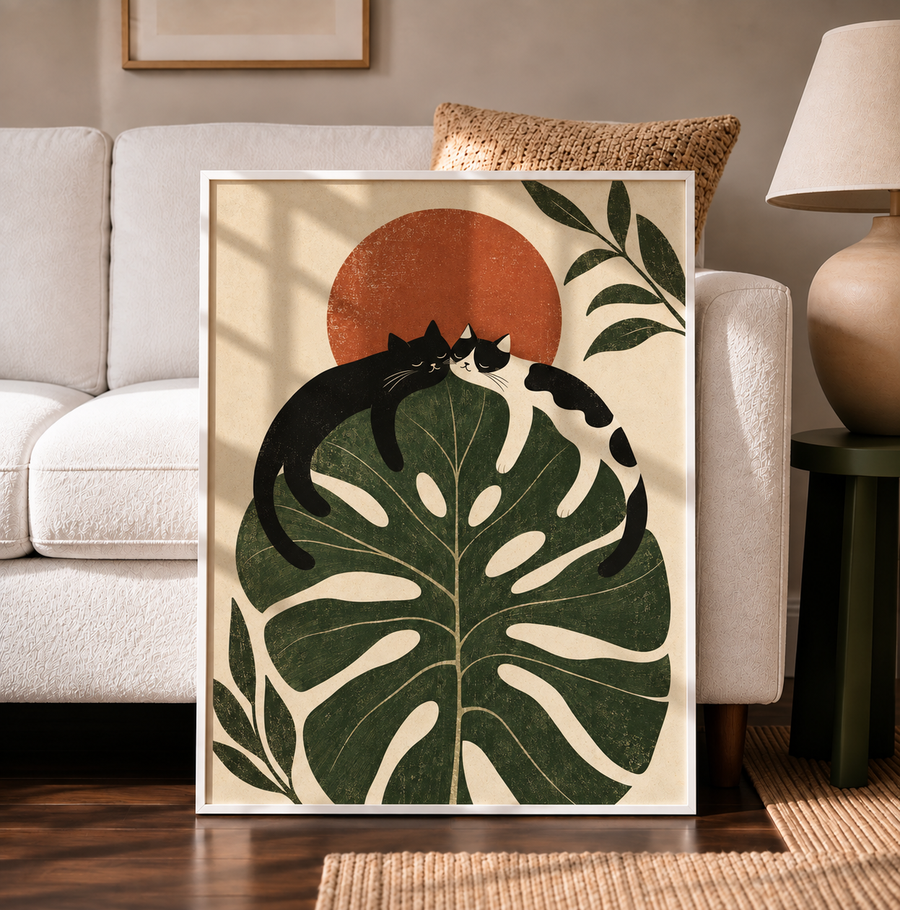 Black cat Monstera wall art displayed in a warm modern interior