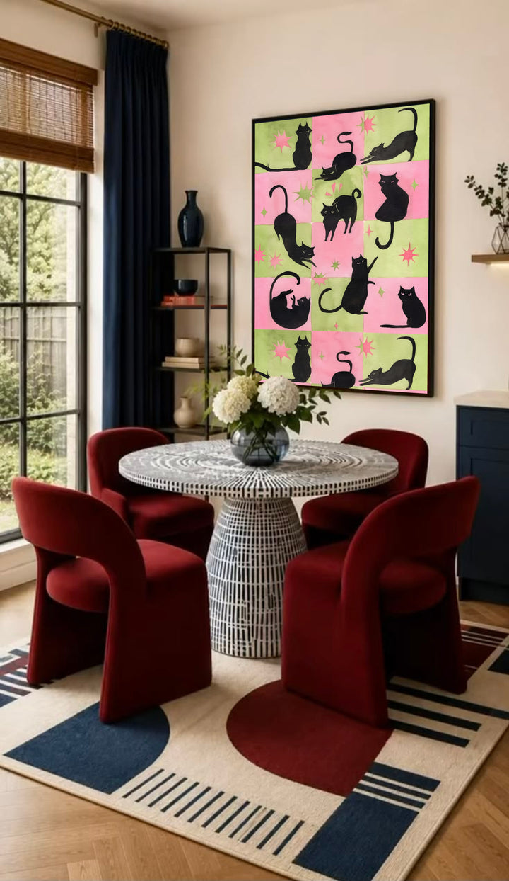 Framed cat silhouette poster with pink-and-green checkerboard pattern and stars