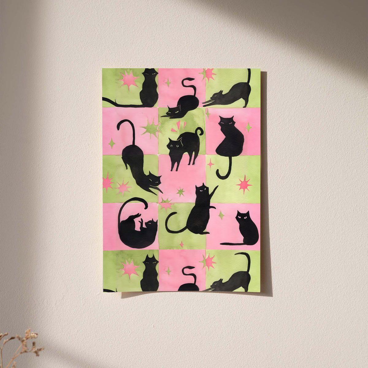 Framed cat silhouette wall art with pink and green checkerboard and star accents