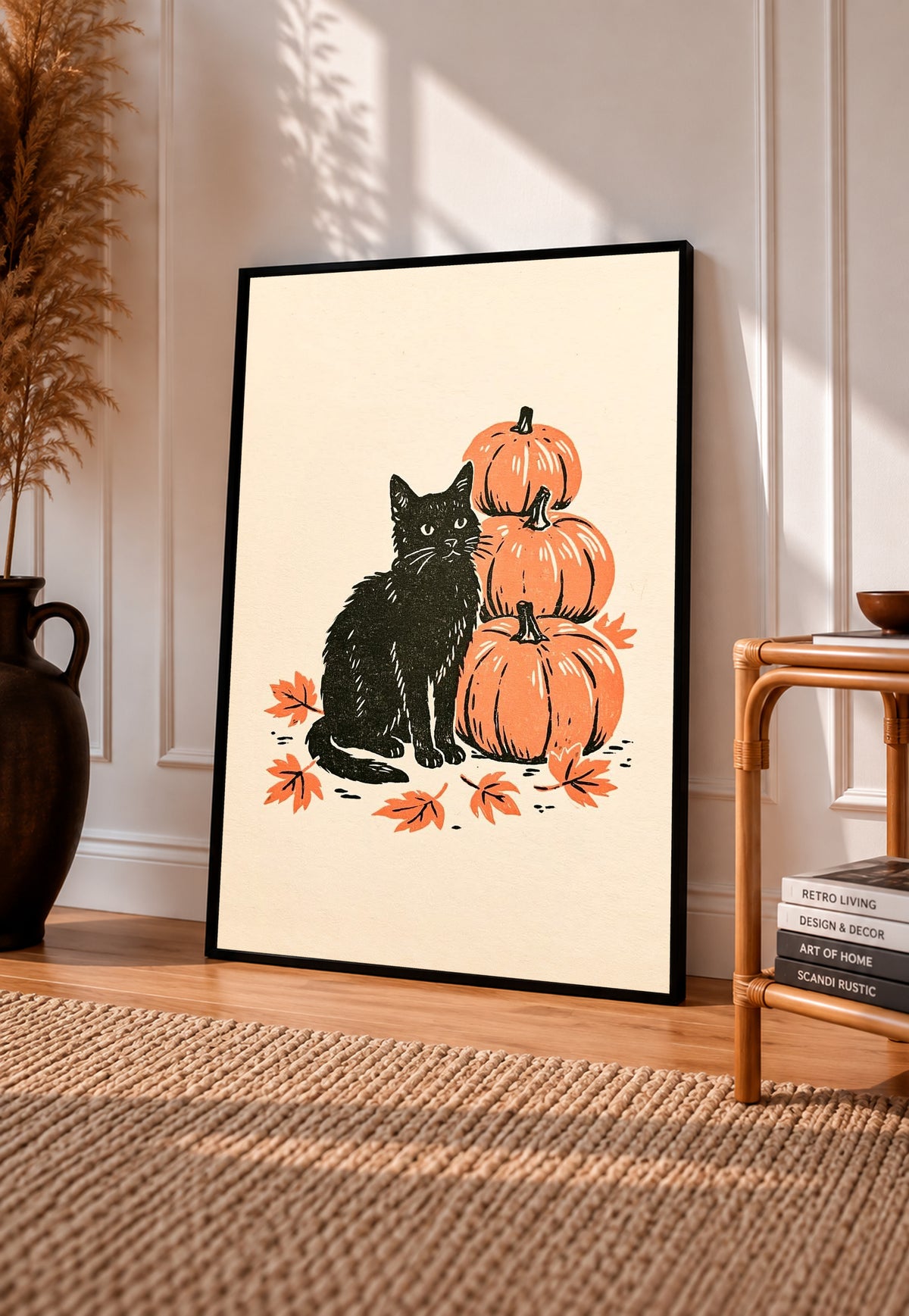 Framed autumn linocut art print: black cat with stacked orange pumpkins and leaves