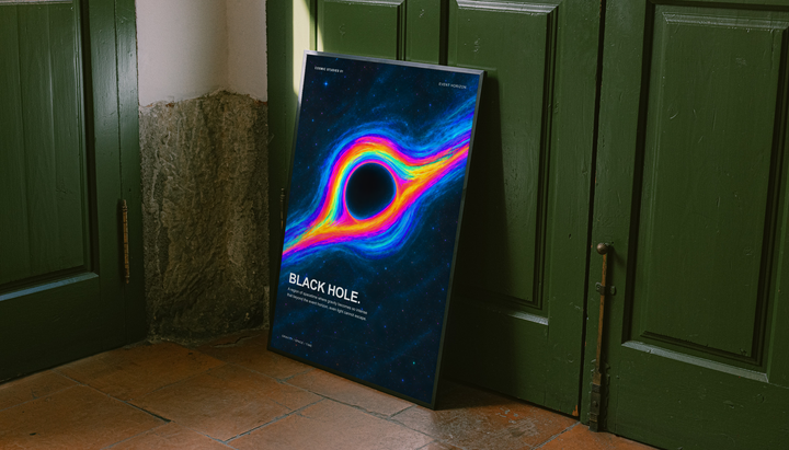 Black Hole Cosmic Studies poster with rainbow-colored accretion flow blue stars and Event Horizon labels, styled in a black frame against dark green paneled doors above orange floor tiles