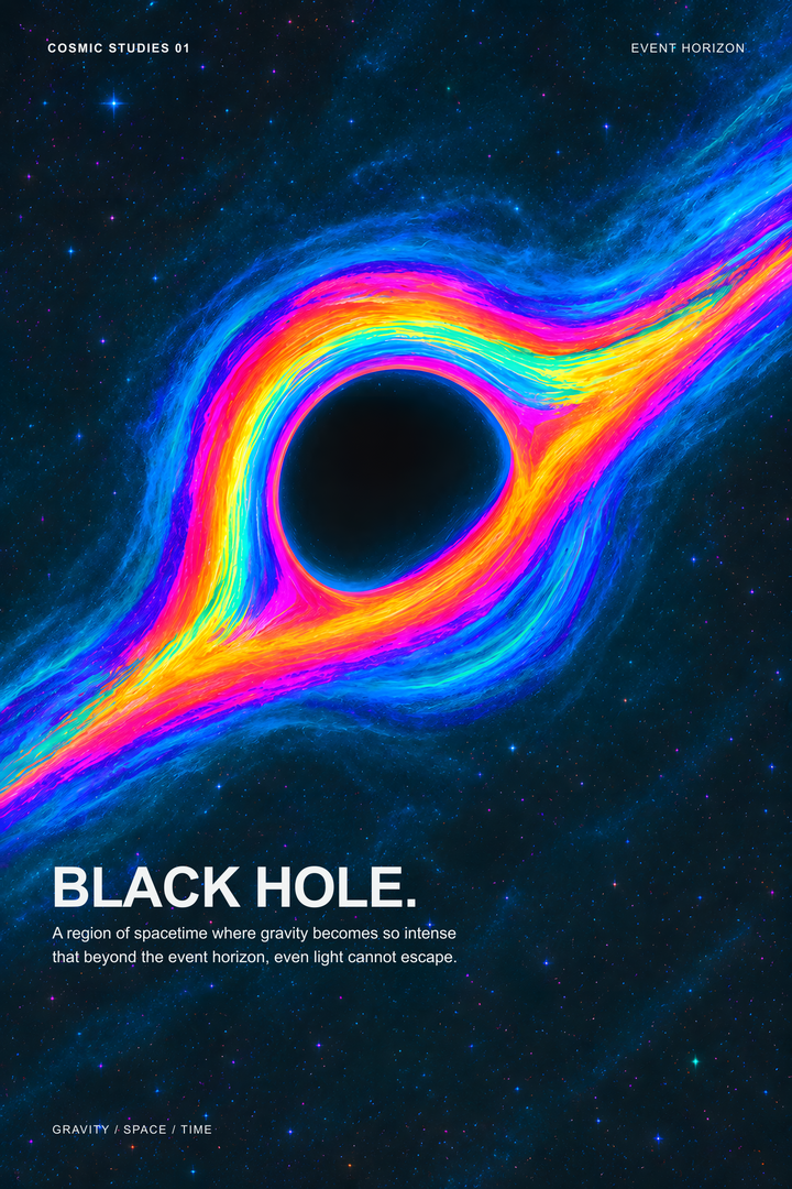 Black Hole Cosmic Studies poster with rainbow-colored accretion flow blue stars and Event Horizon labels