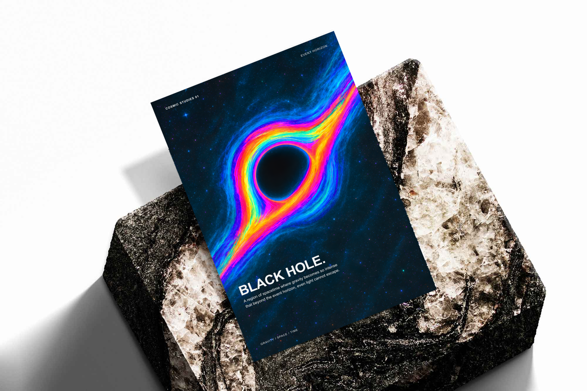Black Hole Cosmic Studies poster with rainbow-colored accretion flow blue stars and Event Horizon labels, shown as an unframed print tilted on a dark stone display against a light background