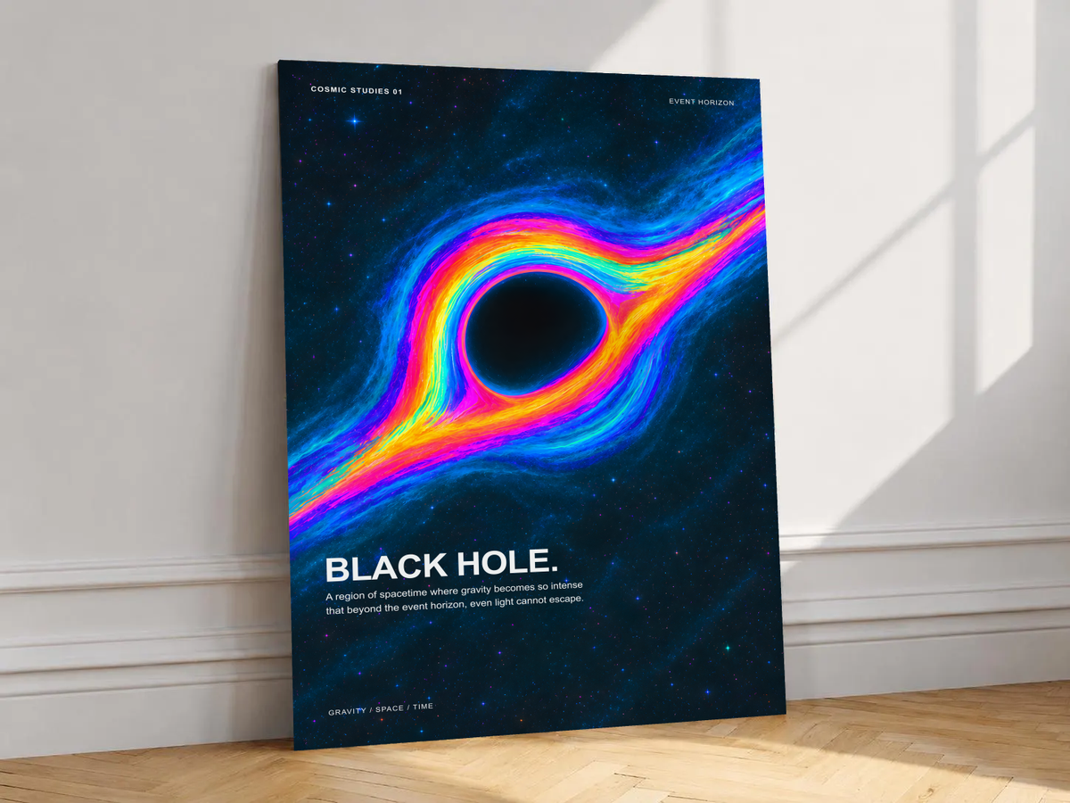Black Hole Cosmic Studies poster with rainbow-colored accretion flow blue stars and Event Horizon labels, shown unframed on a white wall above parquet flooring with a diagonal sun shadow