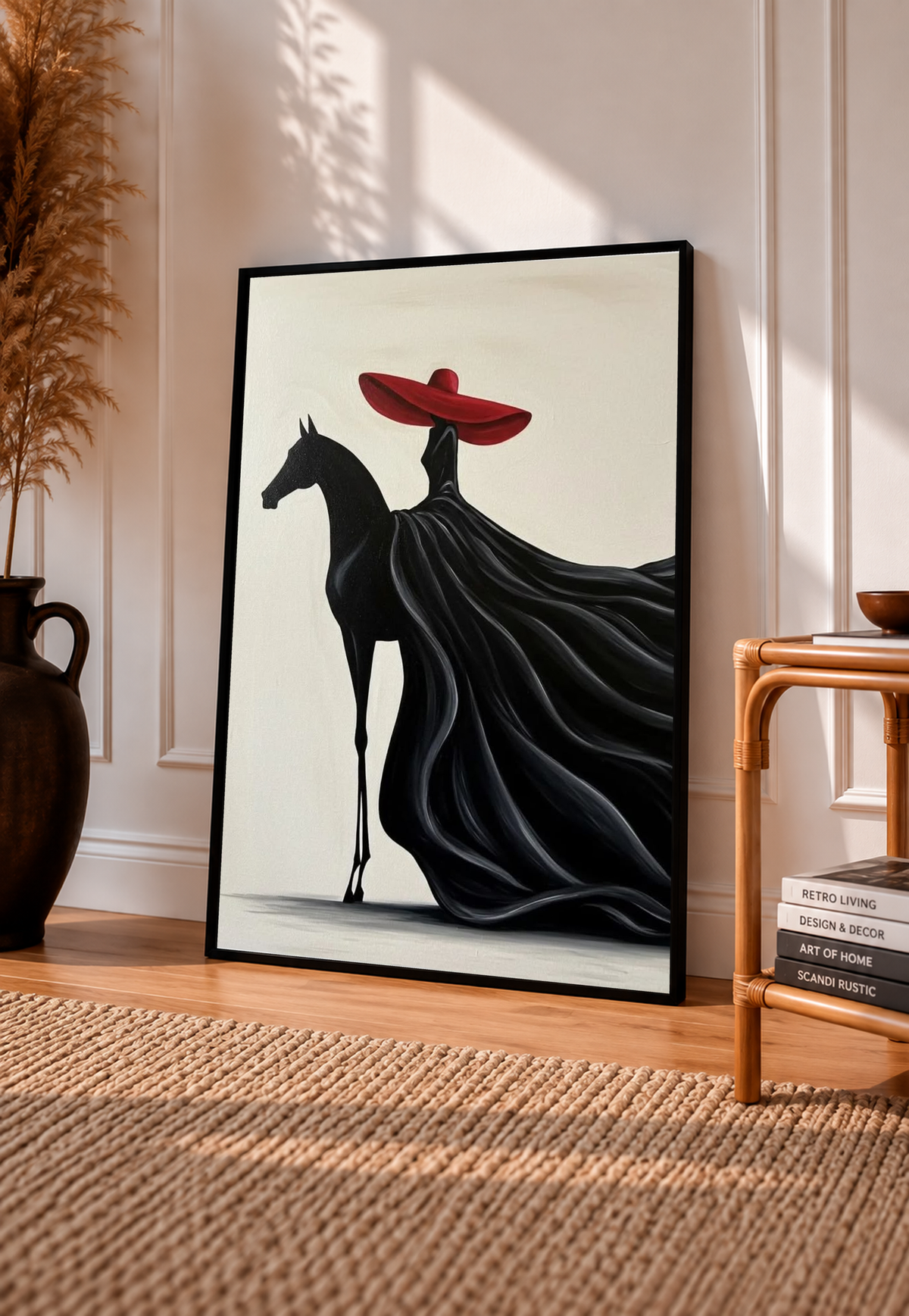 Framed art print with black border: black horse wearing a red hat, flowing black drapery