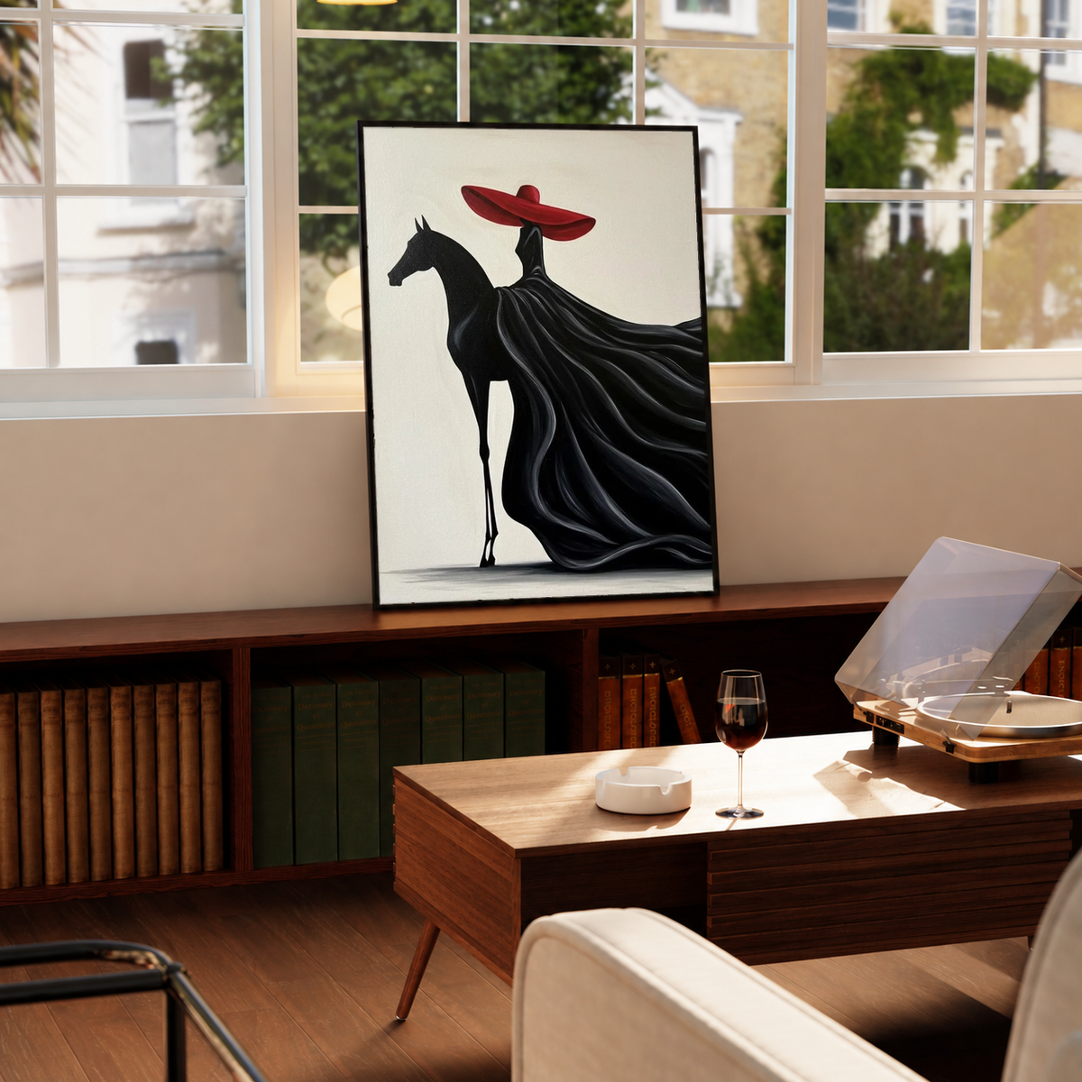 Framed art print: black horse with red hat, flowing black mane and tail detail