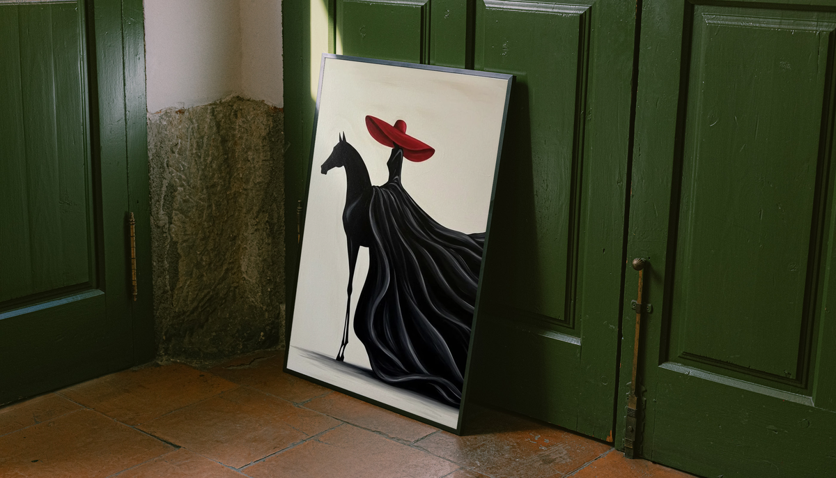 Framed art print of a black horse with a red hat, draped black mane and tail