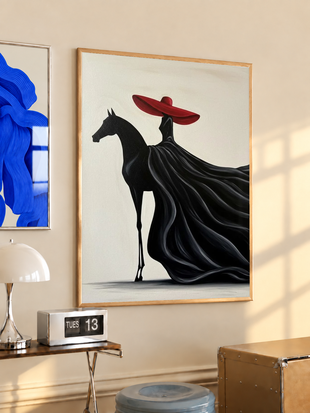 Framed art print of a black horse with a red hat, flowing black mane and tail