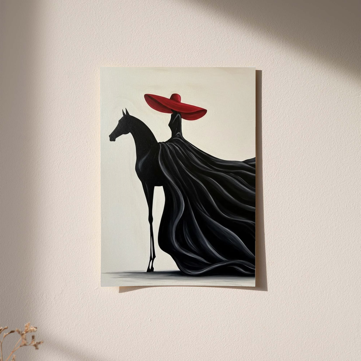 Wall-hung art print with light frame border: black horse, red hat, flowing black drapery