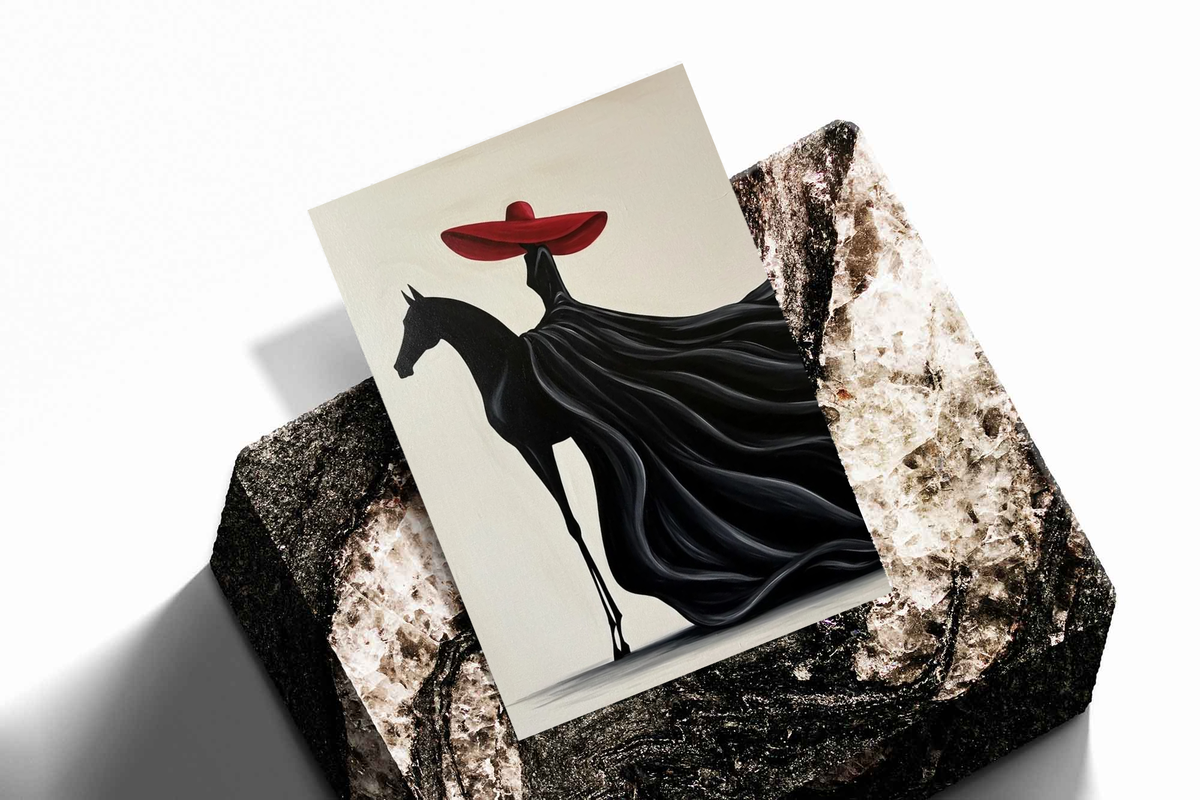 Art print featuring a black horse with a red hat and flowing black drapery