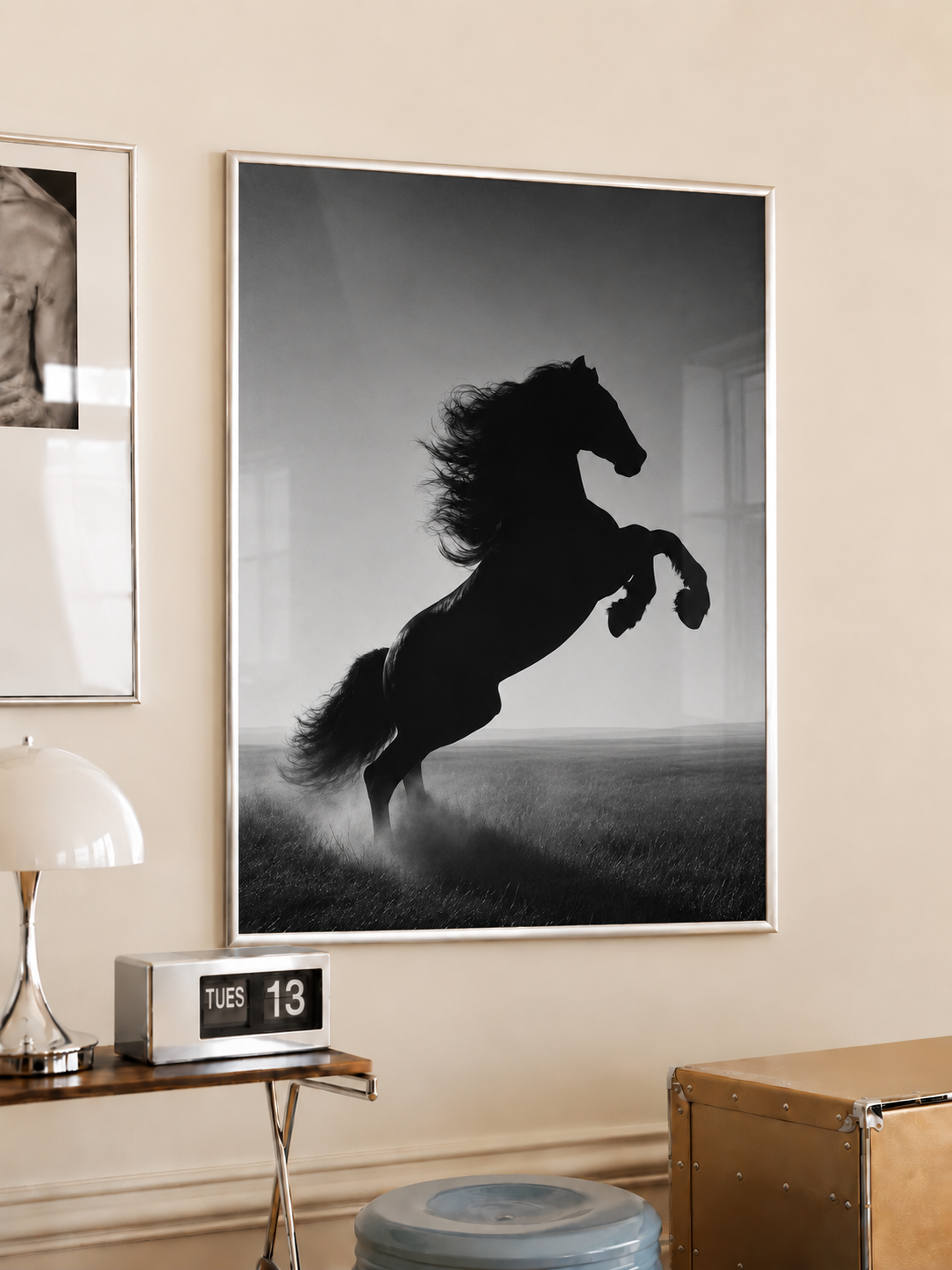 Black rearing horse photography wall art in a thin gold frame