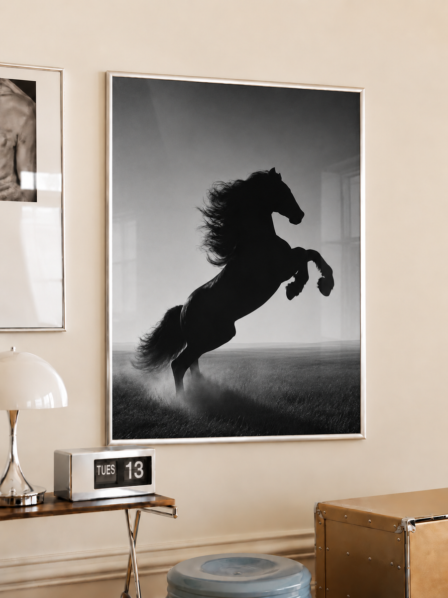 Black Rearing Horse Photography Wall Art Poster styled interior mockup