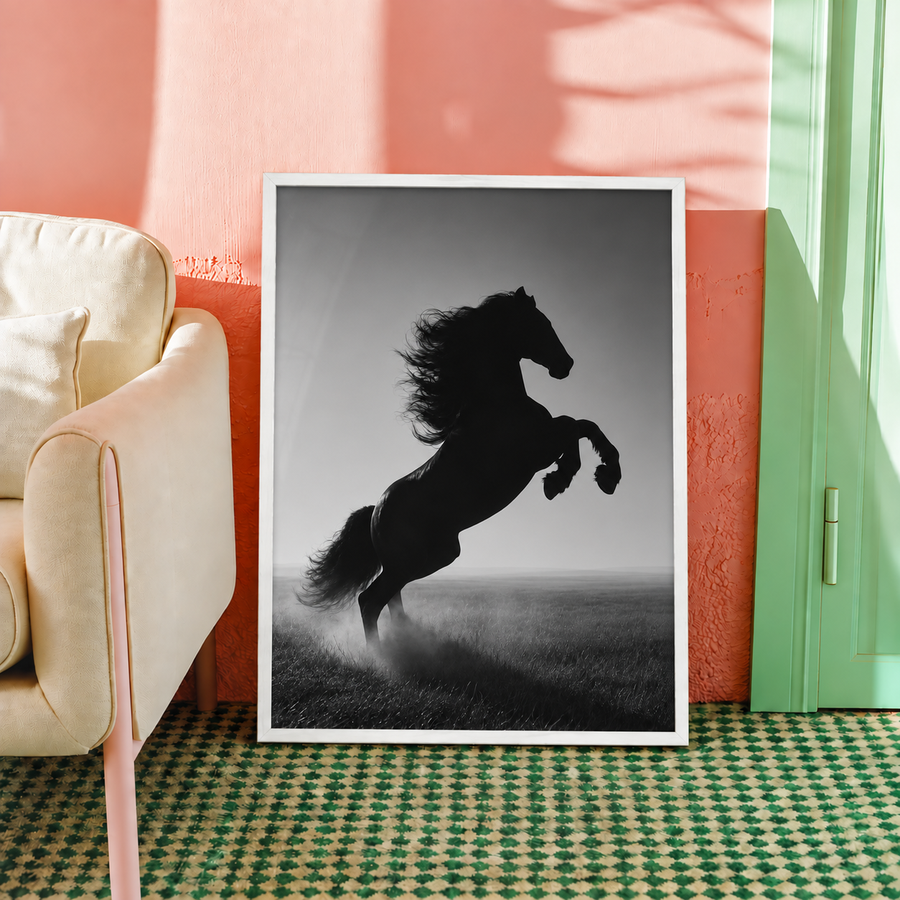 Black Rearing Horse Photography Wall Art Poster framed home decor mockup