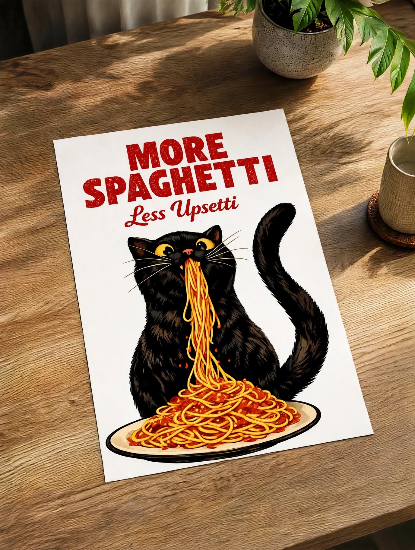Spaghetti Upsetti Art Print displayed on a tabletop as colorful food inspired wall art for kitchens