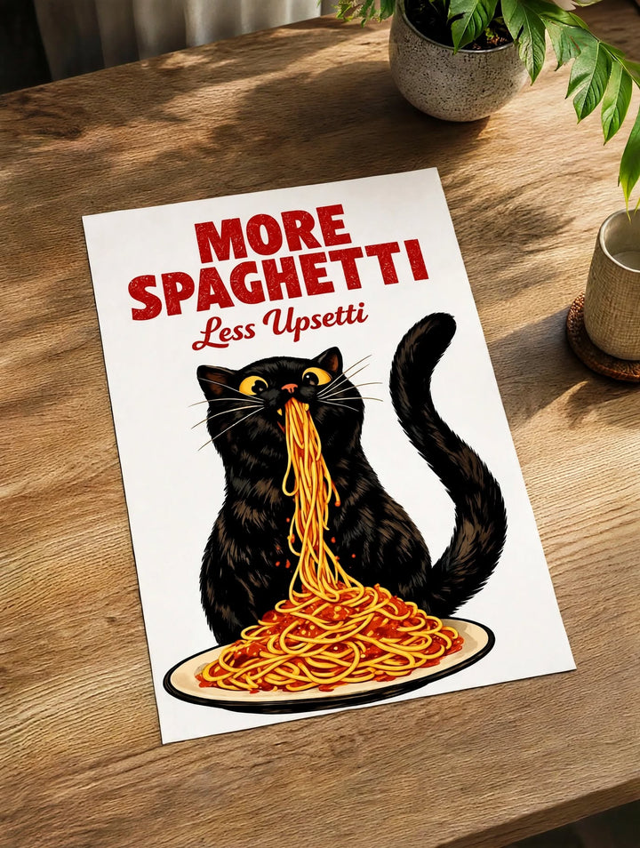 Spaghetti Upsetti Art Print displayed on a tabletop as colorful food inspired wall art for kitchens