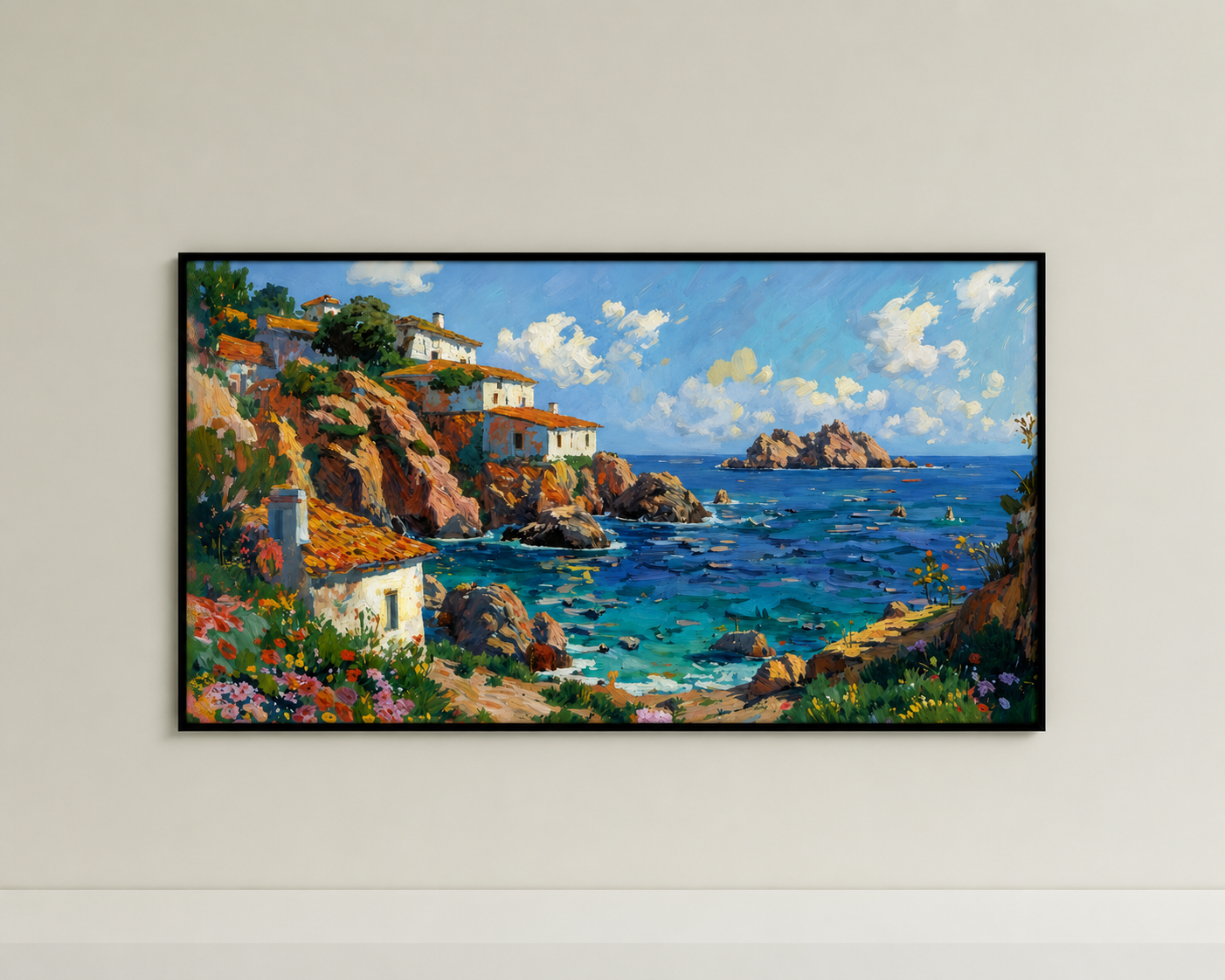 Framed coastal landscape wall art with black frame, blue sea, rocky cliffs, flowers