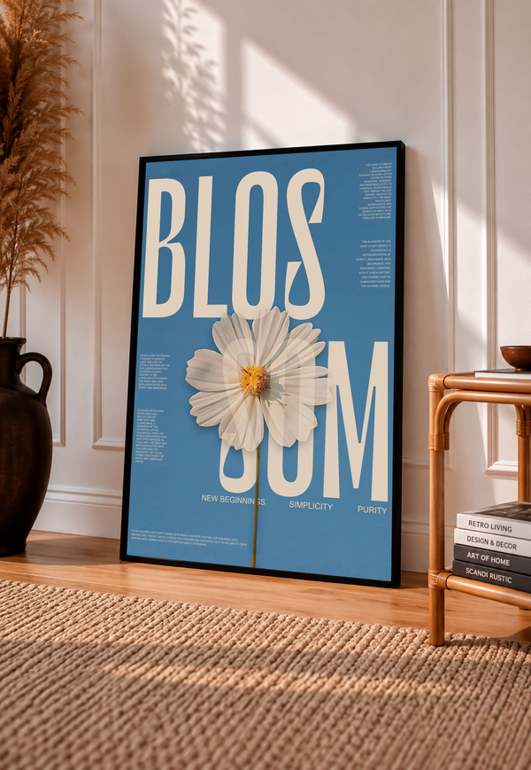 Framed blue poster with cream lettering and a large white daisy flower in the center