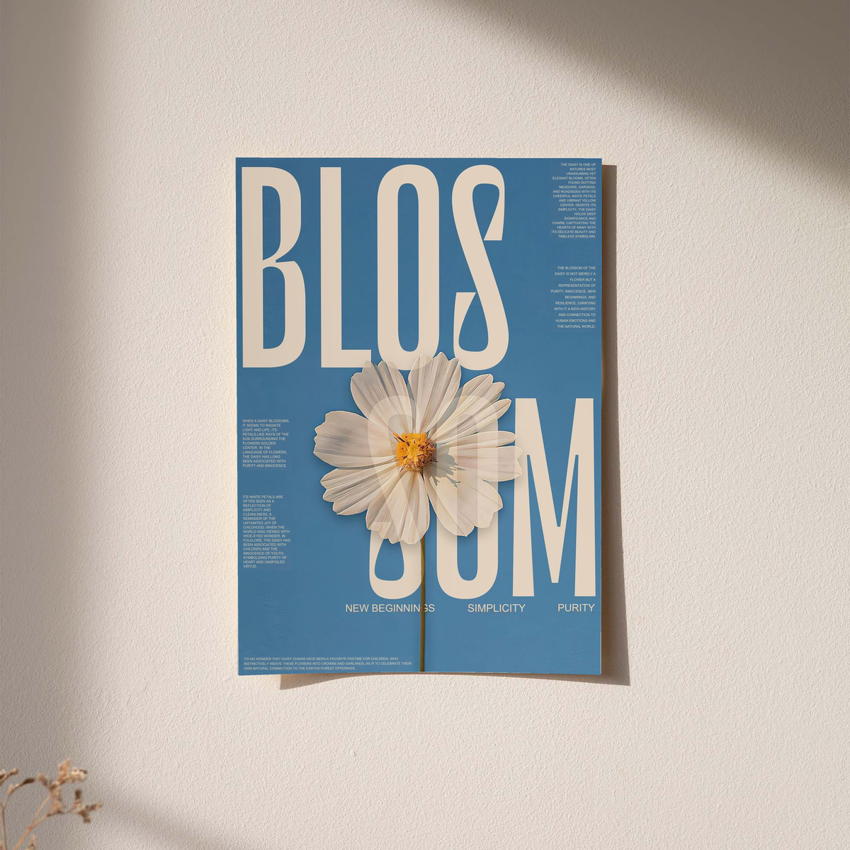 Blue poster print with cream lettering and a white daisy flower, framed in black