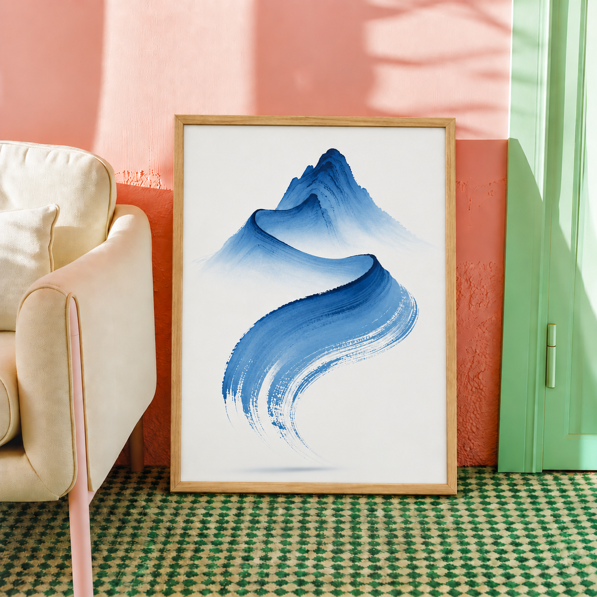 Abstract mountain-like blue brushstroke wall art displayed in styled interior view 2