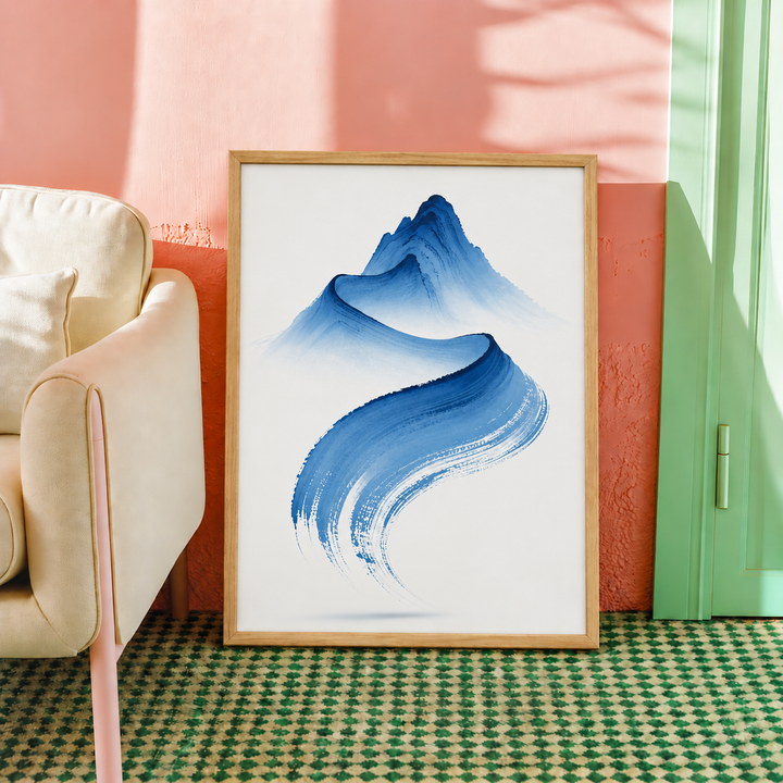 Abstract mountain-like blue brushstroke wall art displayed in styled interior view 2