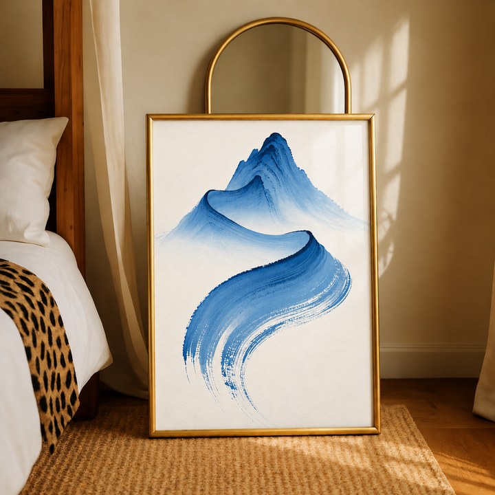 Abstract mountain-like blue brushstroke wall art displayed in styled interior view 3