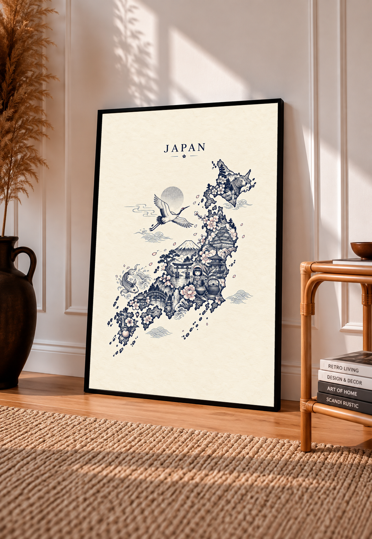 Black-framed Japan wall print with blue crane, temple scene, and floral decorative motifs