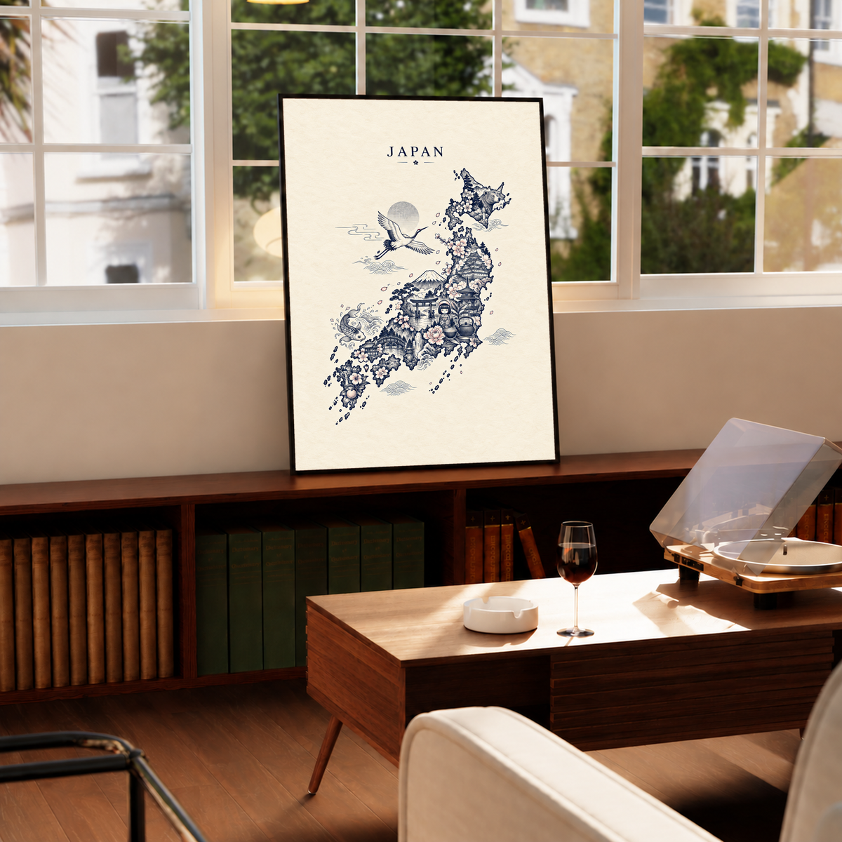 Black-framed Japan wall print on cabinet with blue crane, temples, and floral motifs